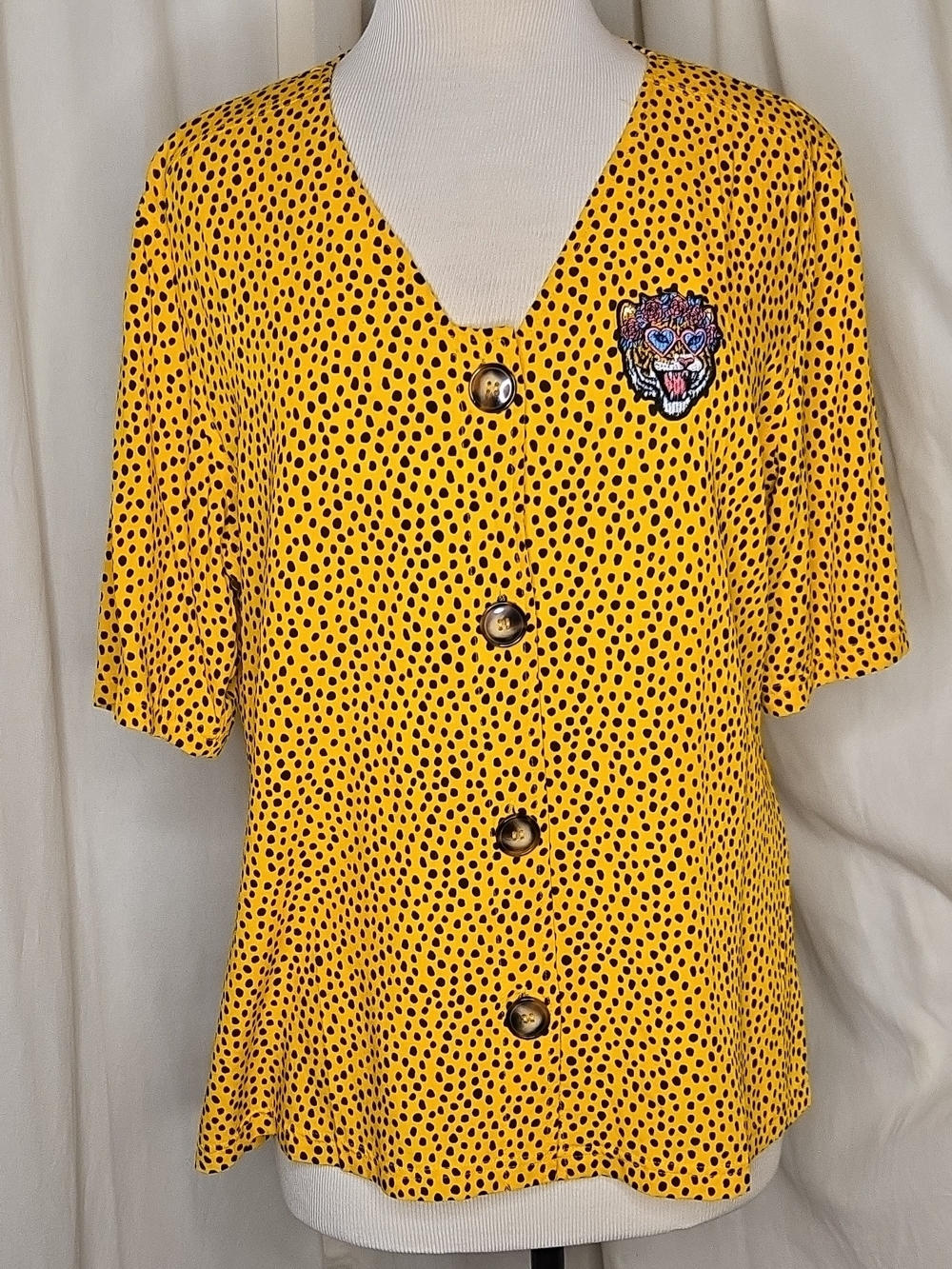 Yellow Polka Dot Button-Front Women's Blouse with Embroidered Tiger Patch